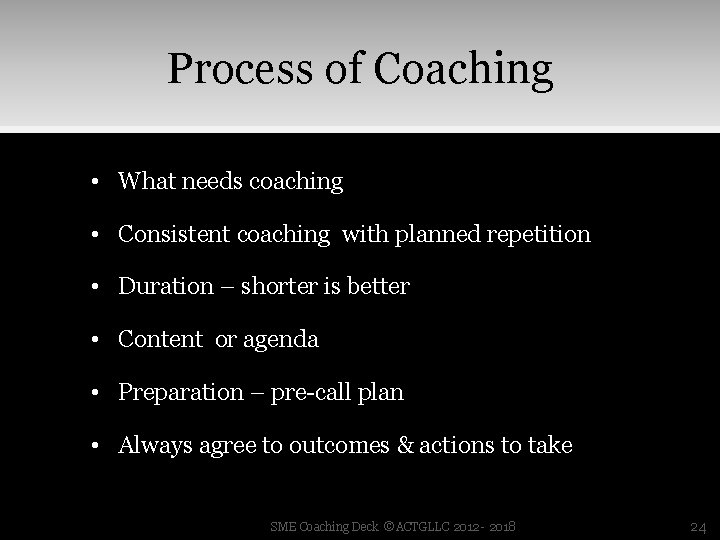 Process of Coaching • What needs coaching • Consistent coaching with planned repetition •