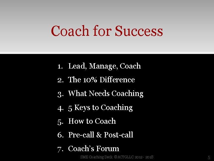 Coach for Success 1. Lead, Manage, Coach 2. The 10% Difference 3. What Needs