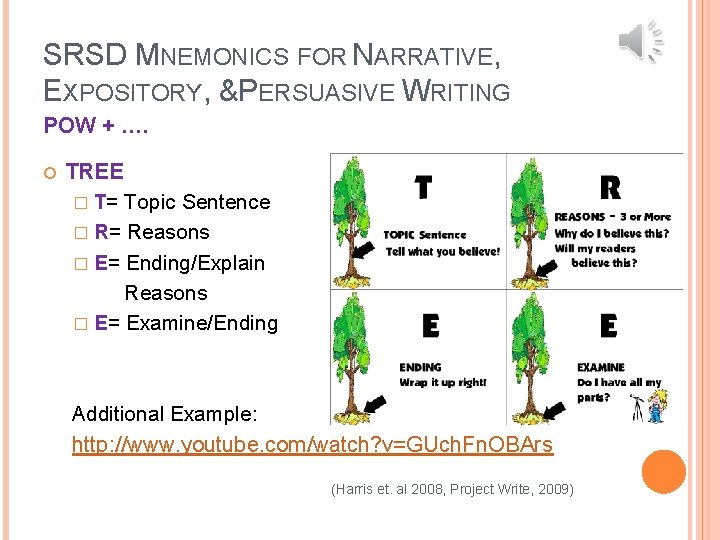 SRSD MNEMONICS FOR NARRATIVE, EXPOSITORY, &PERSUASIVE WRITING POW + …. TREE � T= Topic
