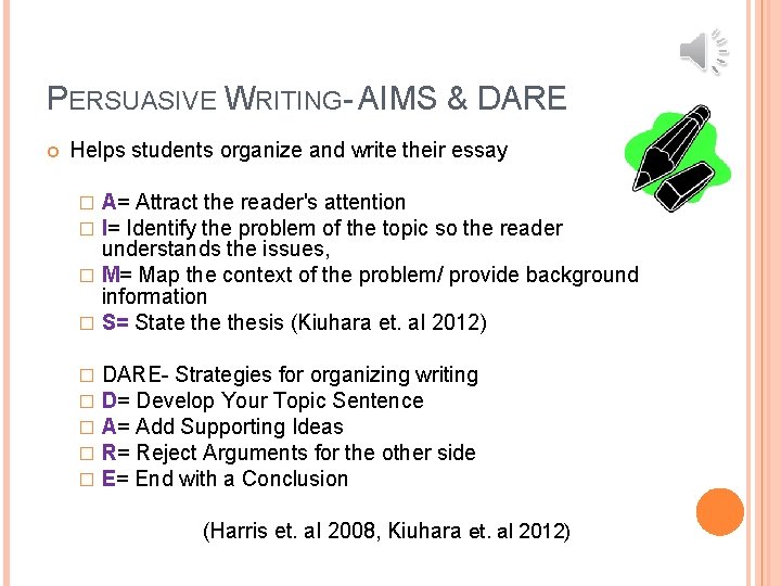 PERSUASIVE WRITING- AIMS & DARE Helps students organize and write their essay A= Attract