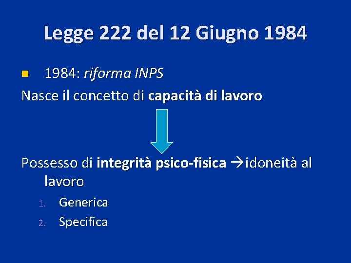 Legge 222 del 12 Giugno 1984: riforma INPS Nasce il concetto di capacità di