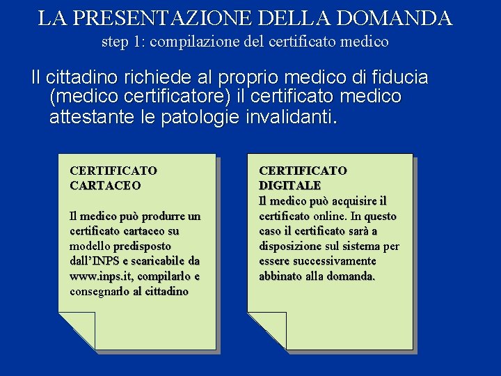 LA PRESENTAZIONE DELLA DOMANDA step 1: compilazione del certificato medico Il cittadino richiede al