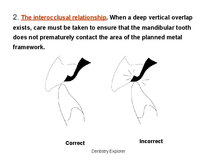 2. The interocclusal relationship. When a deep vertical overlap exists, care must be taken