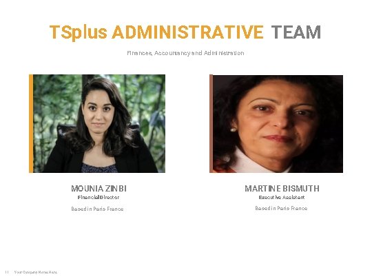 TSplus ADMINISTRATIVE TEAM Finances, Accountancy and Administration MOUNIA ZINBI MARTINE BISMUTH Based in Paris
