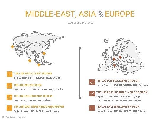 MIDDLE-EAST, ASIA & EUROPE International Presence TSPLUS MIDDLE-EAST REGION Region Director: PATRICK LAWRENCE, Cyprus.