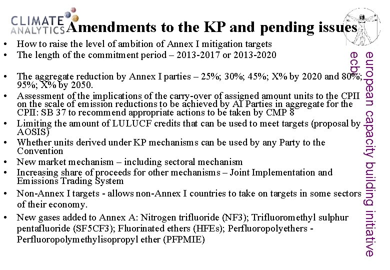Amendments to the KP and pending issues european capacity building initiative ecbi • How