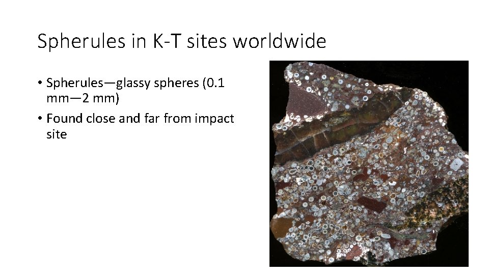 Spherules in K-T sites worldwide • Spherules—glassy spheres (0. 1 mm— 2 mm) •