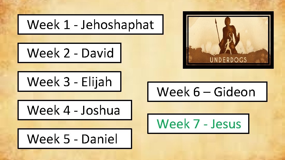 Week 1 - Jehoshaphat Week 2 - David Week 3 - Elijah Week 4