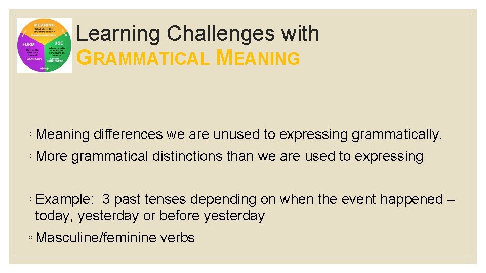 Learning Challenges with GRAMMATICAL MEANING ◦ Meaning differences we are unused to expressing grammatically.