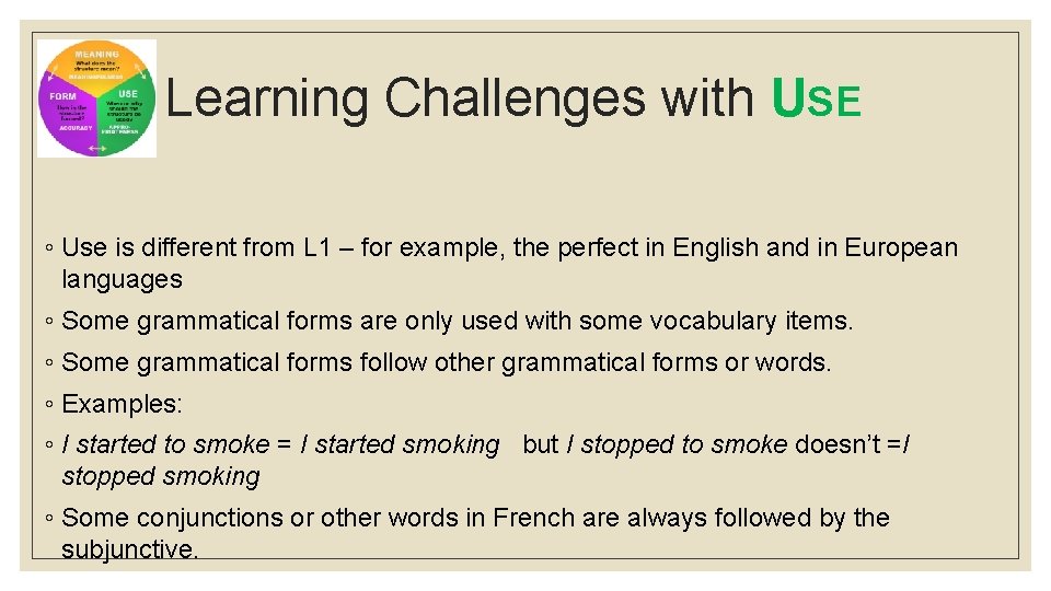 Learning Challenges with USE ◦ Use is different from L 1 – for example,