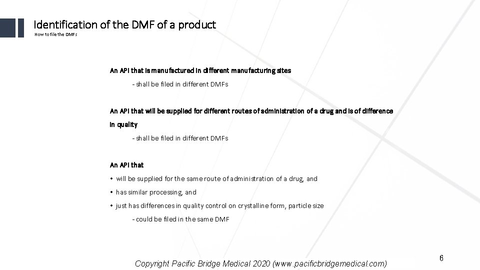 Identification of the DMF of a product How to file the DMFs An API