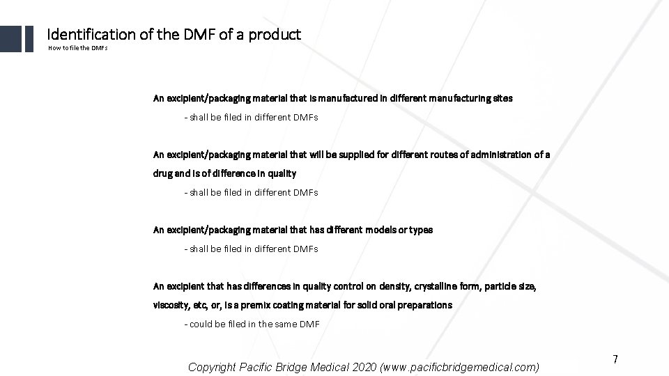 Identification of the DMF of a product How to file the DMFs An excipient/packaging