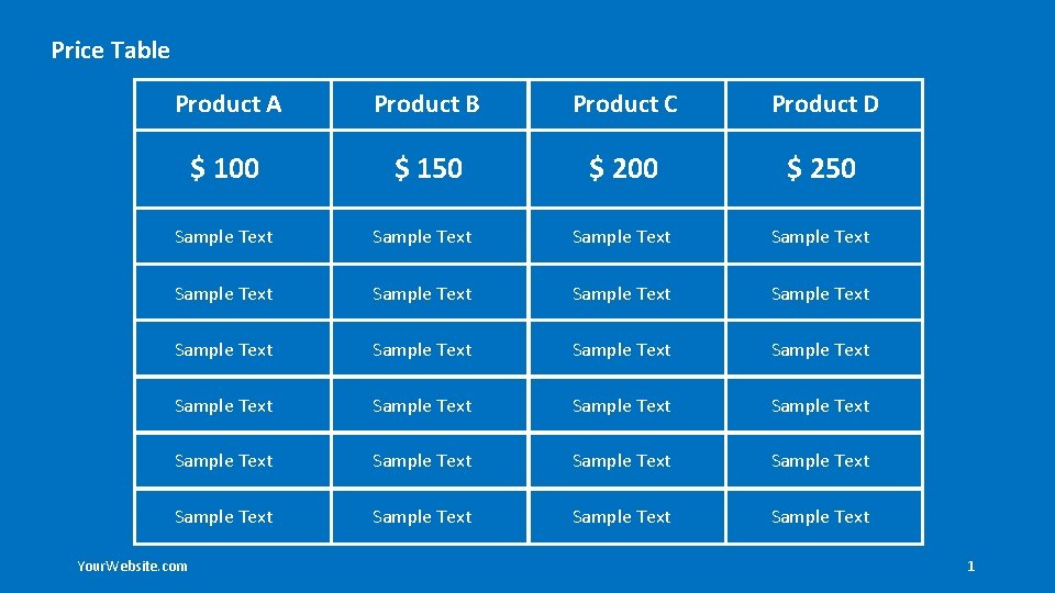 Price Table Product A Product B Product C Product D $ 100 $ 150