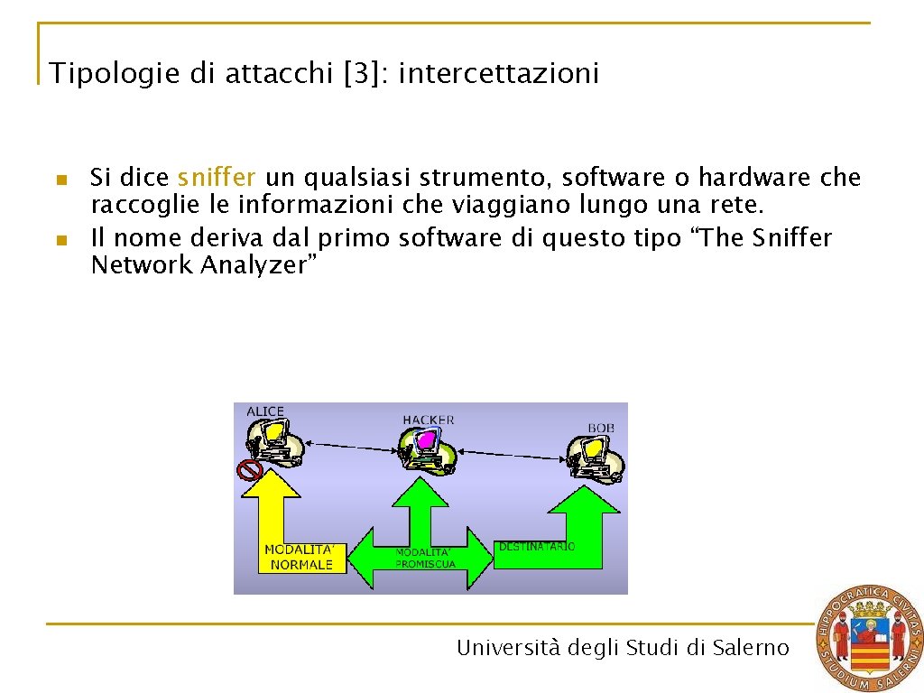 Tipologie di attacchi [3]: intercettazioni n n Si dice sniffer un qualsiasi strumento, software