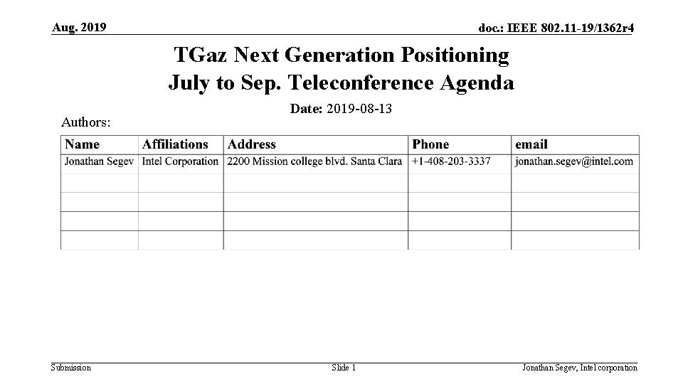 Aug. 2019 doc. : IEEE 802. 11 -19/1362 r 4 TGaz Next Generation Positioning