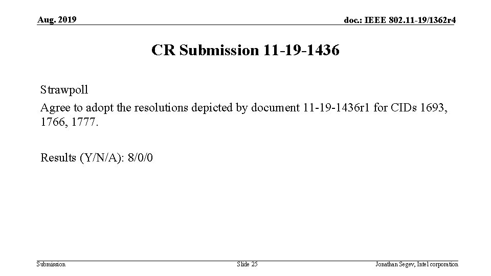 Aug. 2019 doc. : IEEE 802. 11 -19/1362 r 4 CR Submission 11 -19