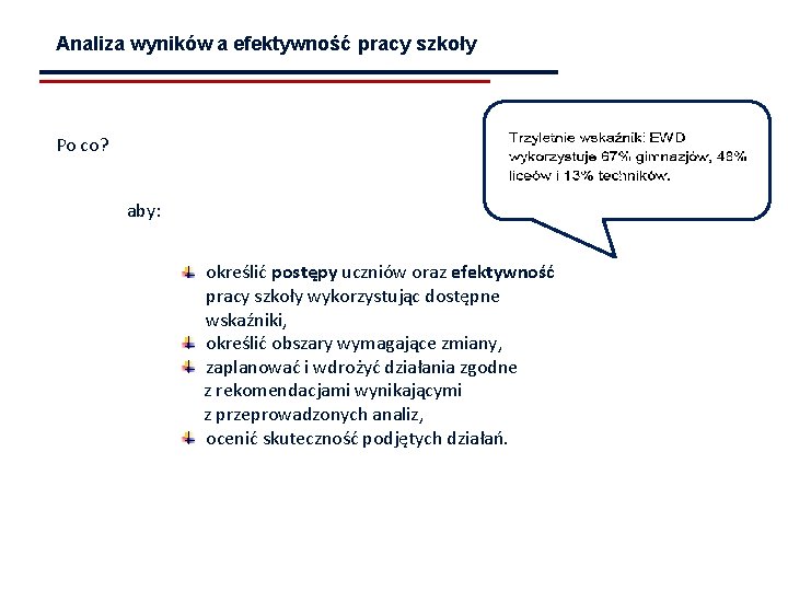 Analiza wyników a efektywność pracy szkoły Po co? aby: określić postępy uczniów oraz efektywność