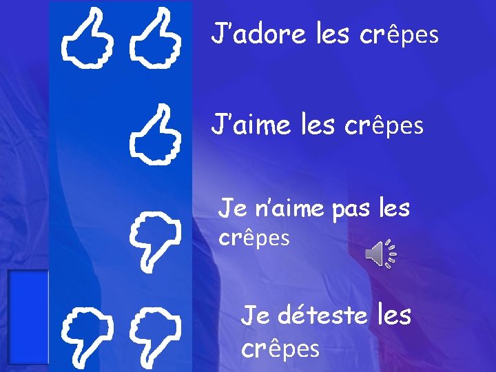 J’adore les crêpes J’aime les crêpes Je n’aime pas les crêpes Je déteste les