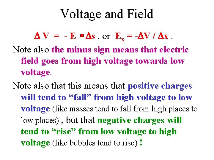 Voltage and Field D V = - E Ds , or Ex = -DV