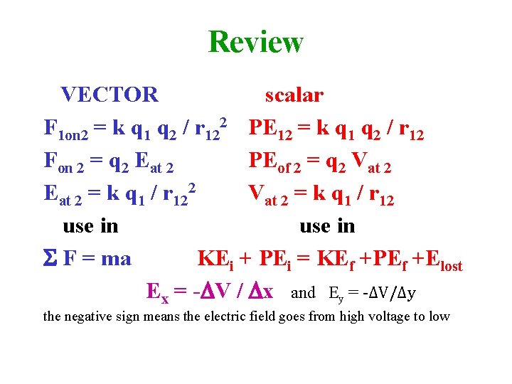 Review VECTOR scalar F 1 on 2 = k q 1 q 2 /