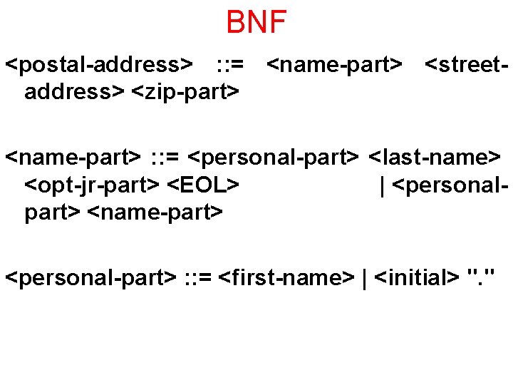 BNF <postal-address> : : = <name-part> <streetaddress> <zip-part> <name-part> : : = <personal-part> <last-name>