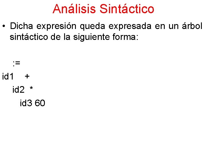 Análisis Sintáctico • Dicha expresión queda expresada en un árbol sintáctico de la siguiente