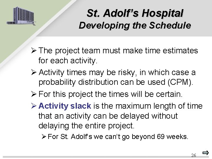 St. Adolf’s Hospital Developing the Schedule Ø The project team must make time estimates