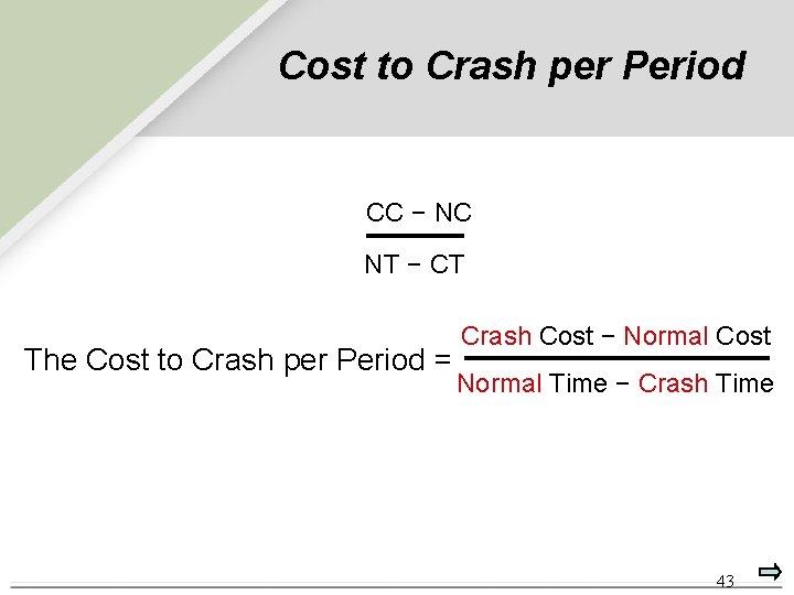 Cost to Crash per Period CC − NC NT − CT The Cost to