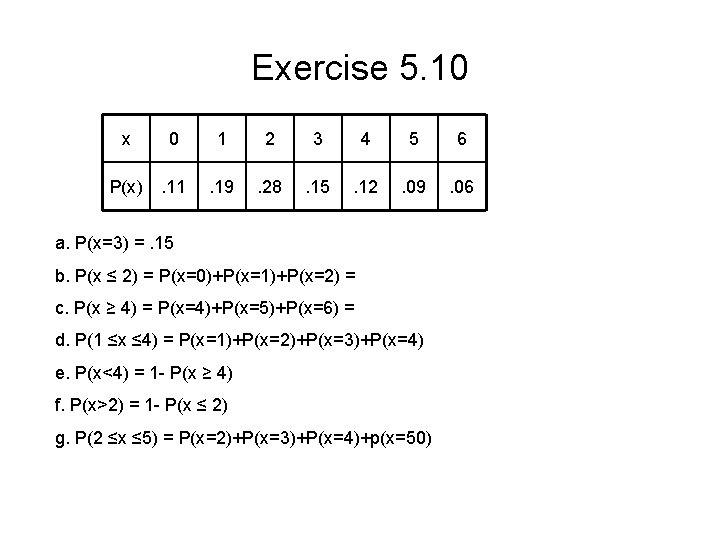 Exercise 5. 10 x 0 1 2 3 4 5 6 P(x) . 11