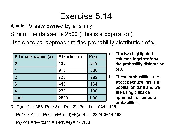 Exercise 5. 14 X = # TV sets owned by a family Size of