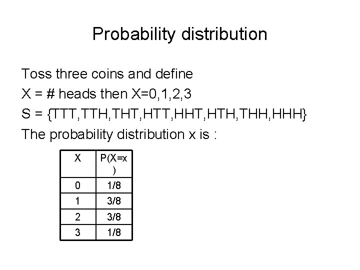 Probability distribution Toss three coins and define X = # heads then X=0, 1,