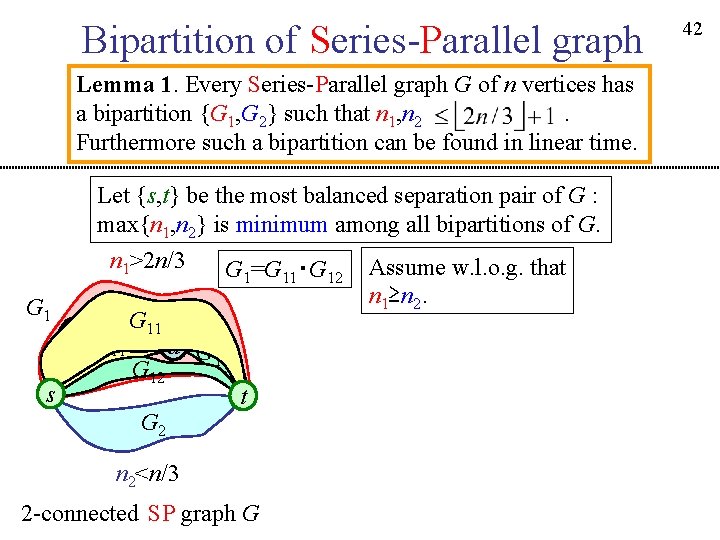 Bipartition of Series-Parallel graph Lemma 1. Every Series-Parallel graph G of n vertices has