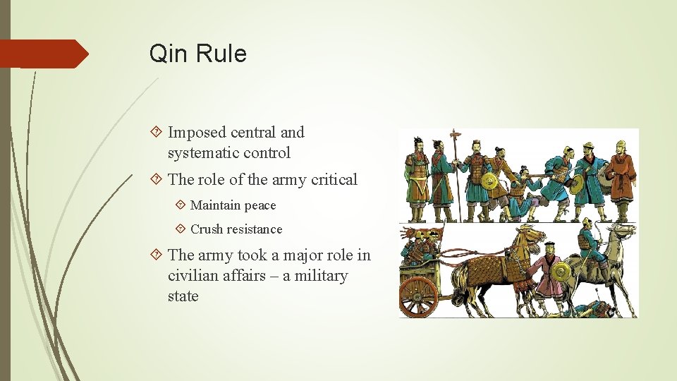 Qin Rule Imposed central and systematic control The role of the army critical Maintain