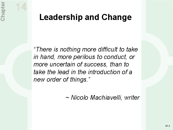 Chapter 14 Leadership and Change “There is nothing more difficult to take in hand,