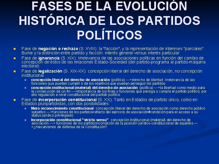 FASES DE LA EVOLUCIÓN HISTÓRICA DE LOS PARTIDOS POLÍTICOS n n n Fase de