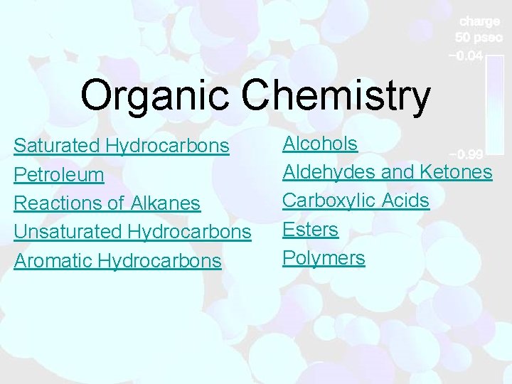 Organic Chemistry Saturated Hydrocarbons Petroleum Reactions of Alkanes Unsaturated Hydrocarbons Aromatic Hydrocarbons Alcohols Aldehydes