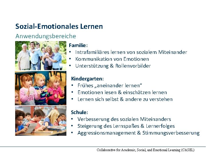 Sozial-Emotionales Lernen Anwendungsbereiche Familie: • Intrafamiliäres lernen von sozialem Miteinander • Kommunikation von Emotionen