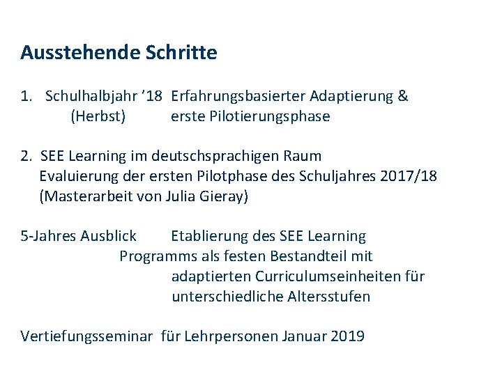 Ausstehende Schritte 1. Schulhalbjahr ’ 18 Erfahrungsbasierter Adaptierung & (Herbst) erste Pilotierungsphase 2. SEE