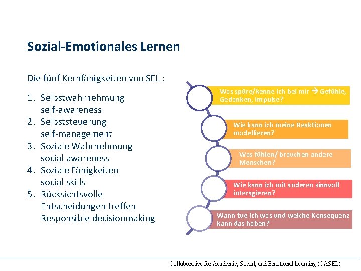 Sozial-Emotionales Lernen Die fünf Kernfähigkeiten von SEL : 1. Selbstwahrnehmung self‐awareness 2. Selbststeuerung self‐management