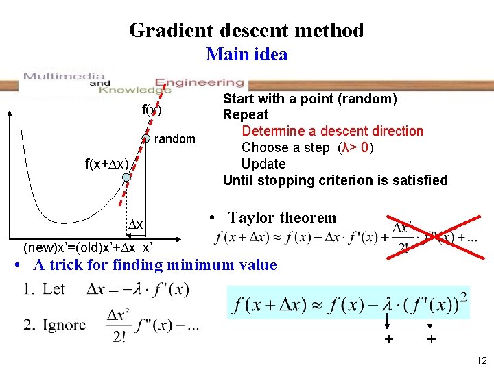 Gradient descent method Main idea f(x) random f(x+ x) x Start with a point