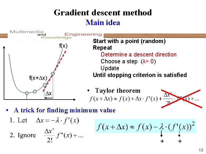 Gradient descent method Main idea f(x) f(x+ x) x Start with a point (random)