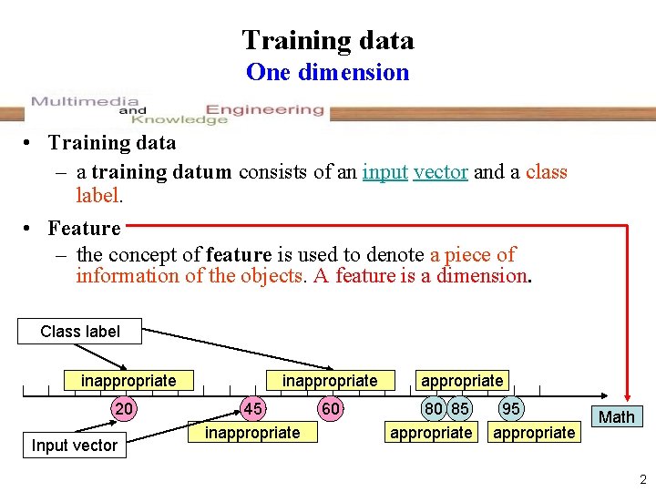 Training data One dimension • Training data – a training datum consists of an