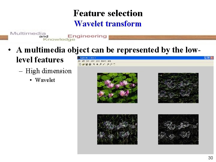 Feature selection Wavelet transform • A multimedia object can be represented by the lowlevel