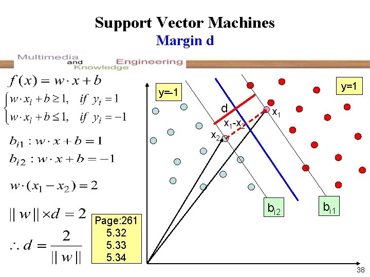 Support Vector Machines Margin d y=1 y=-1 d x 2 Page: 261 5. 32