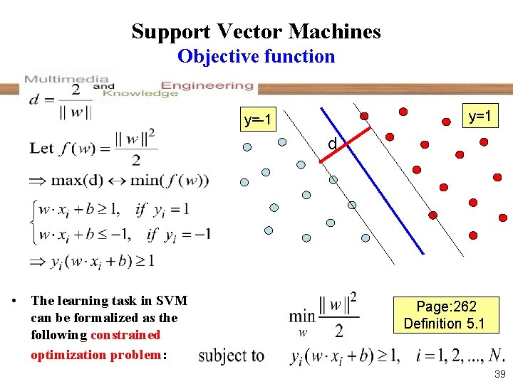 Support Vector Machines Objective function y=1 y=-1 d • The learning task in SVM