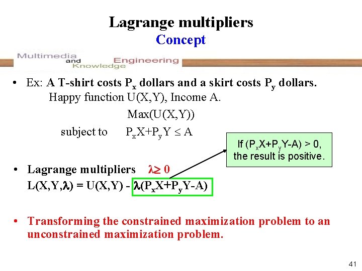 Lagrange multipliers Concept • Ex: A T-shirt costs Px dollars and a skirt costs