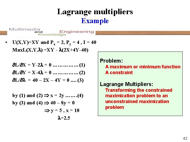 Lagrange multipliers Example • U(X, Y)=XY and Px = 2, Py = 4 ,