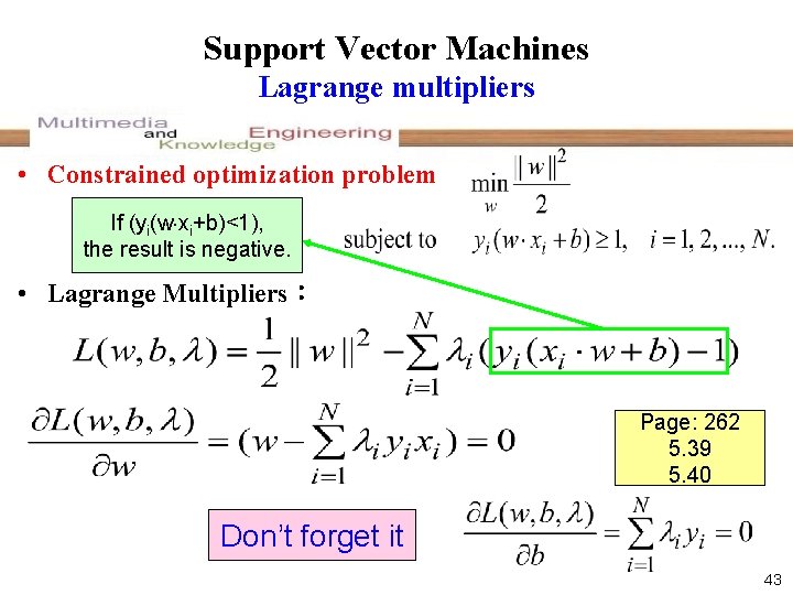 Support Vector Machines Lagrange multipliers • Constrained optimization problem If (yi(w xi+b)<1), the result