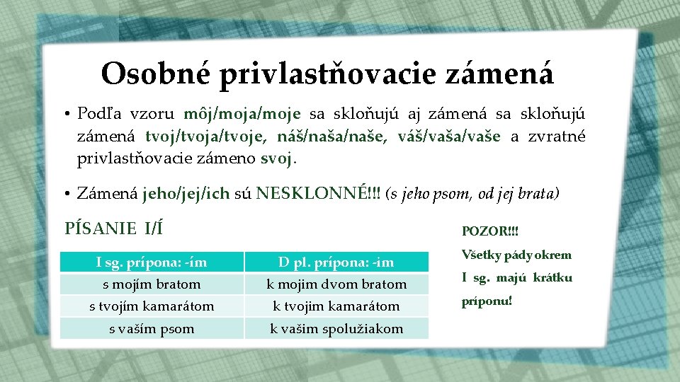 Osobné privlastňovacie zámená • Podľa vzoru môj/moja/moje sa skloňujú aj zámená sa skloňujú zámená