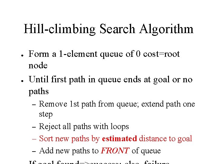 Hill-climbing Search Algorithm ● ● Form a 1 -element queue of 0 cost=root node